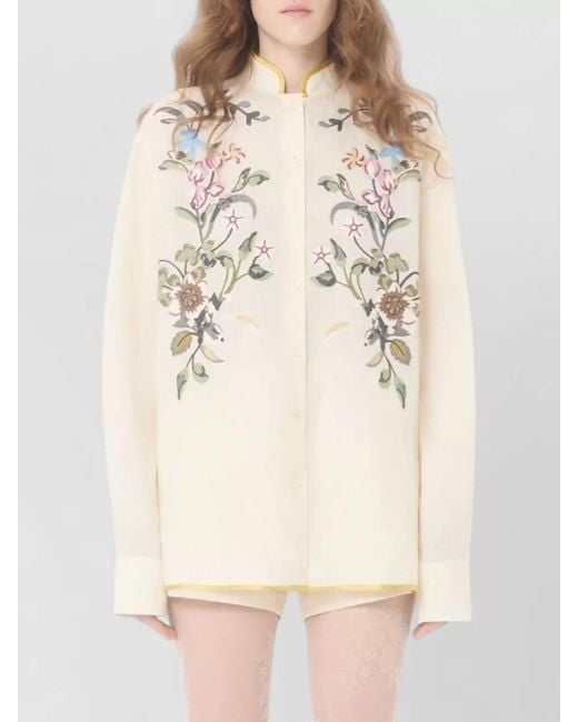 Valentino Garavani Natural Floral-Embroidered Linen Shirt