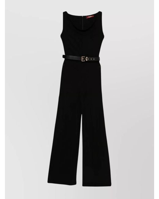 Max Mara Women's Black Draped Neckline Wide-Leg Jumpsuit Belt
