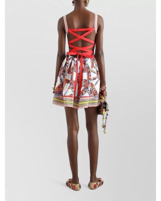 Dolce & Gabbana Red Carretto Print Poplin Midi Dress Corset