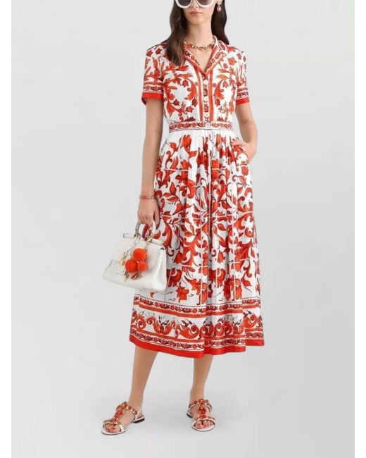 Dolce & Gabbana Red Silk Majolica Print Midi Dress