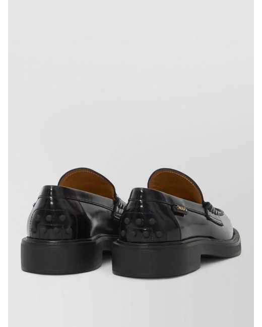 Tod's Black Leather Apron Front Loafers Rubber Sole