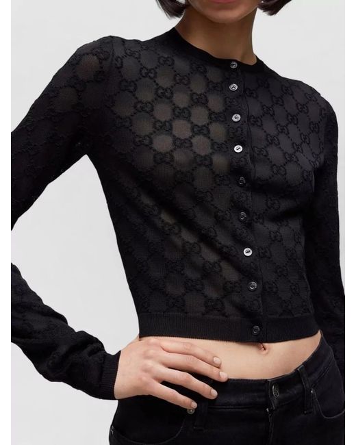Gucci Black Sheer Knit Cardigan Ribbed Cuffs Hem