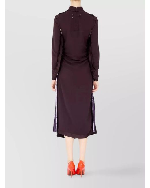 Maison Margiela Purple Silk High Neck Long Sleeve Gathered Midi Dress