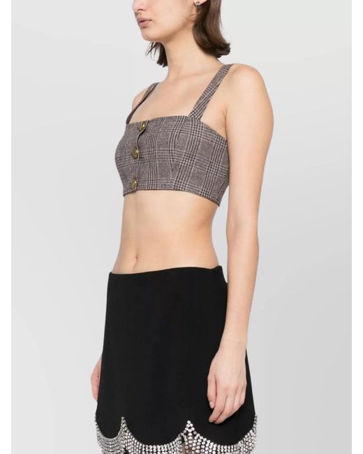 Self-Portrait Gray Buttoned Check Crop Top With Gathered Back
