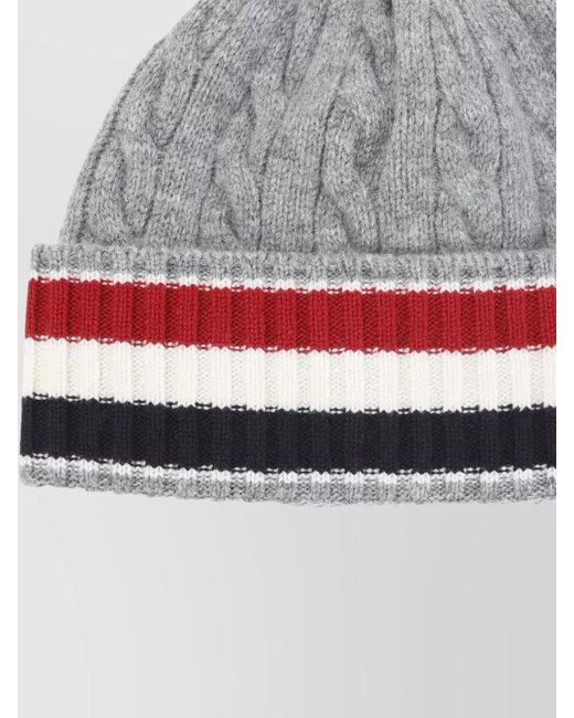 Thom Browne Gray Wool Cable Knit Beanie Striped Cuff for men
