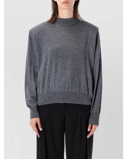 Frankie Shop Gray Wool-Blend Ribbed High-Neck Padded-Shoulder Sweater