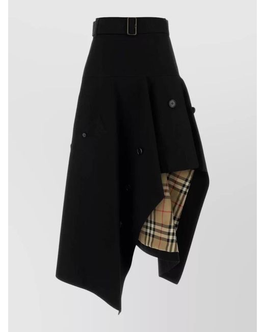 Burberry Black Gabardine Skirt Belted Waist Asymmetric Hem Buttons