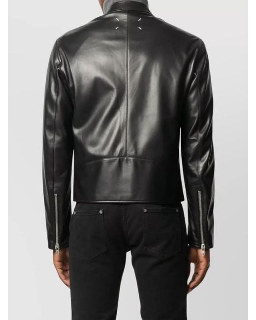 Maison Margiela Black Leather Zippered Pockets Mock Neck Jacket for men