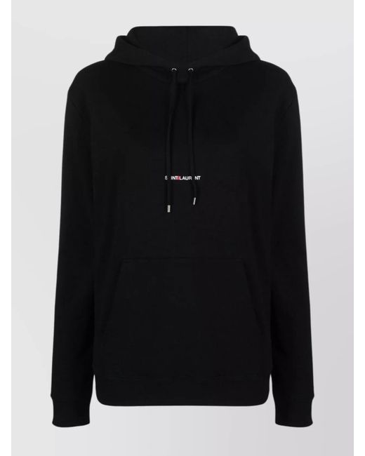 Saint Laurent Black Logo Cotton Hoodie With Drawstring Hood