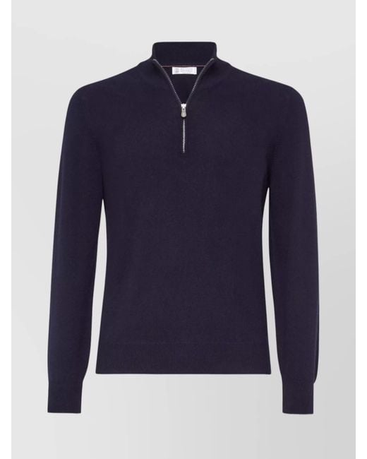 Brunello Cucinelli Blue Ribbed Collar High Neck Sweater for men