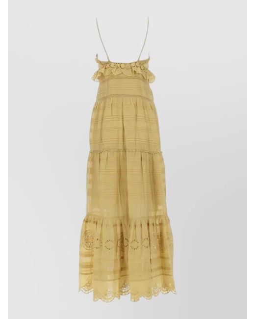 Isabel Marant Metallic Dress Spaghetti Straps Tiered Ruffle Embroidered