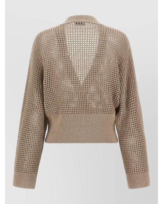 Brunello Cucinelli Natural Sequined V-Neck Long-Sleeve Cardigan