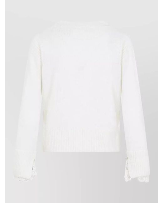 Ermanno Scervino White Lace Trim V Neck Chunky Knit Cardigan