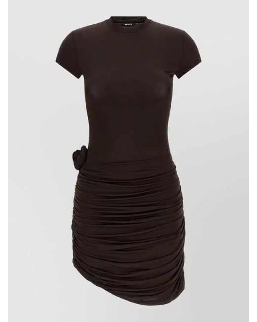 ROTATE BIRGER CHRISTENSEN Black Dress Short Sleeves Round Neckline Ruching Flower