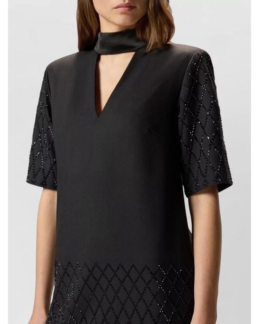 Pinko Black Dress V Neck Short Sleeves Scarf Detail