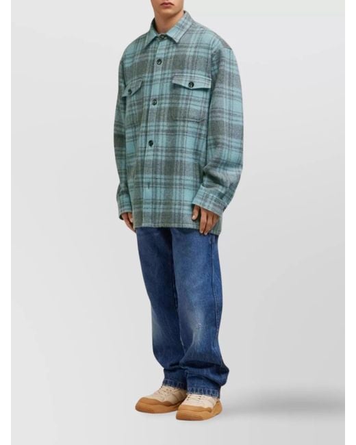 AMI Blue Wool Plaid Shirt Jacket for men