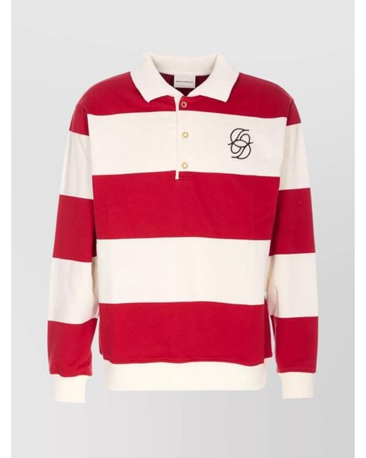 Drole de Monsieur Men's Red Striped Long Sleeve Polo Shirt With Embroidery