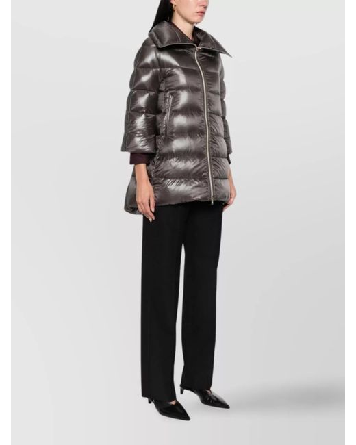 Herno Gray Down Quilted Three Quarter Sleeve Midi Puffer Jacket