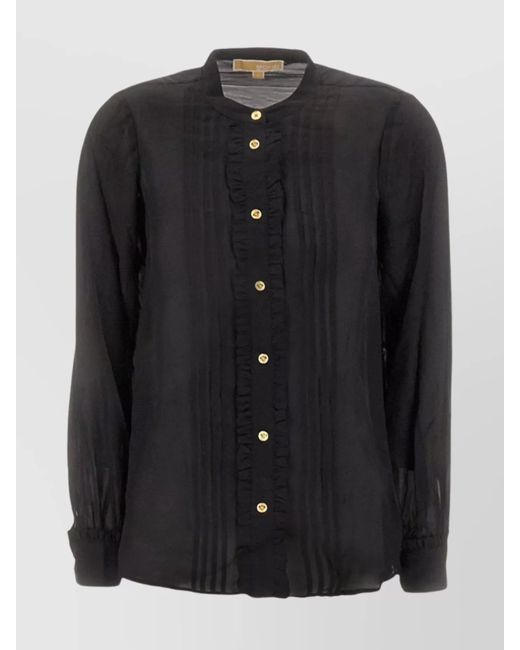 Michael Kors Black Silk Blend Pleated Ruffled Blouse