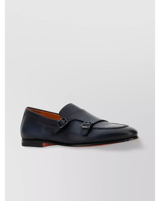 Santoni Blue Midnight Leather Dong Monk Strap Shoes for men
