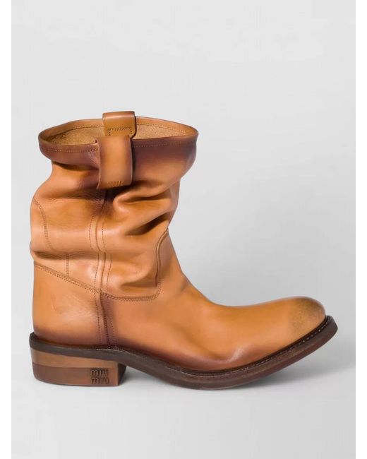 Miu Miu Brown Leather Ankle Boots Round Toe Pull Tab