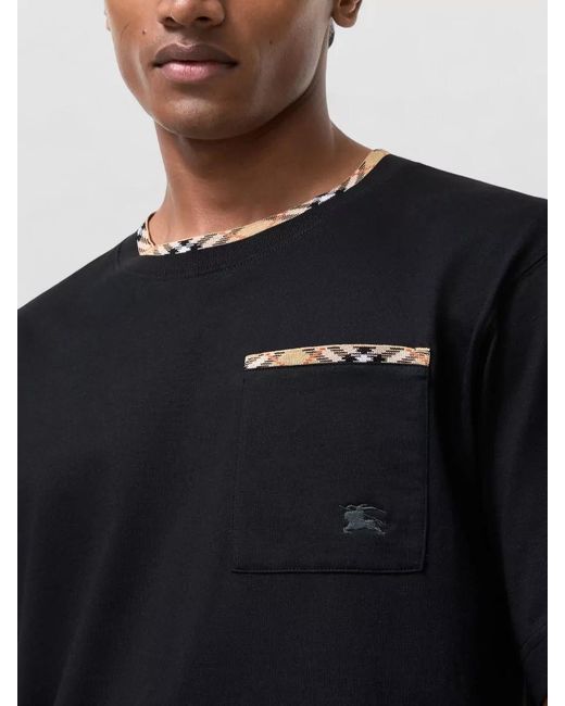 Burberry Black Check Detail Crew Neck Relaxed T Shirt for men