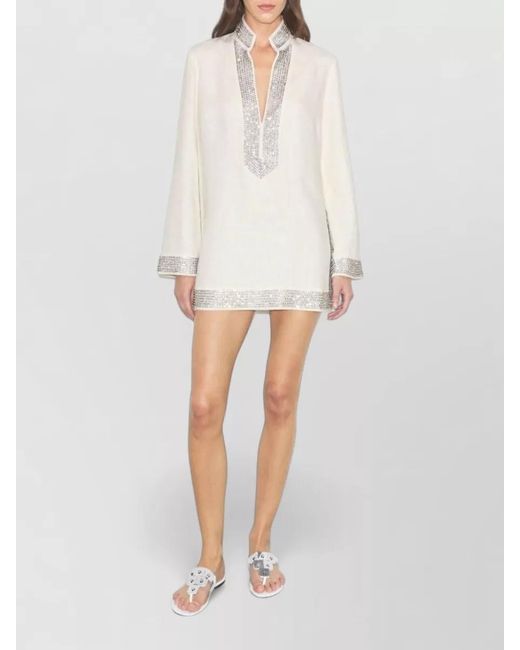 Tory Burch White Crystal-Embellished Linen Knee-Length Tunic