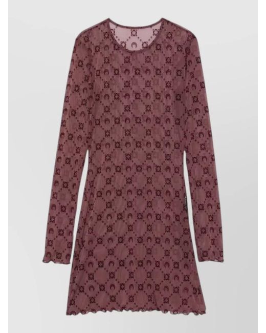 MARINE SERRE Red Floral Mesh Long Sleeve Crewneck Dress