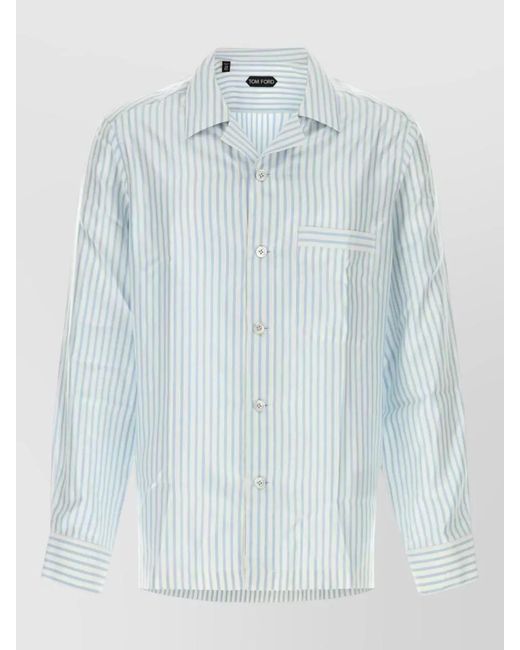 Tom Ford Blue Satin Shirt Striped Long Sleeves Embroidery for men