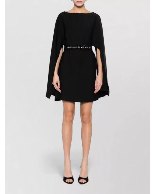 P.A.R.O.S.H. Black Embroidered Appliqué Boat Neck Wide Sleeve Mini Dress
