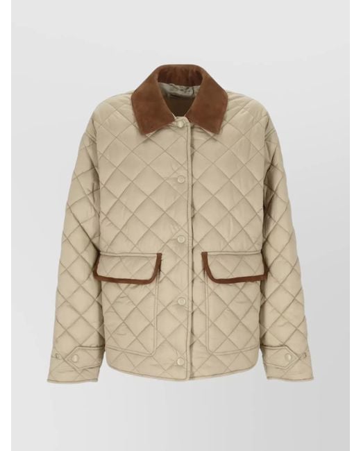 Miu Miu Natural Quilted Jacket With Suede Collar And Pockets