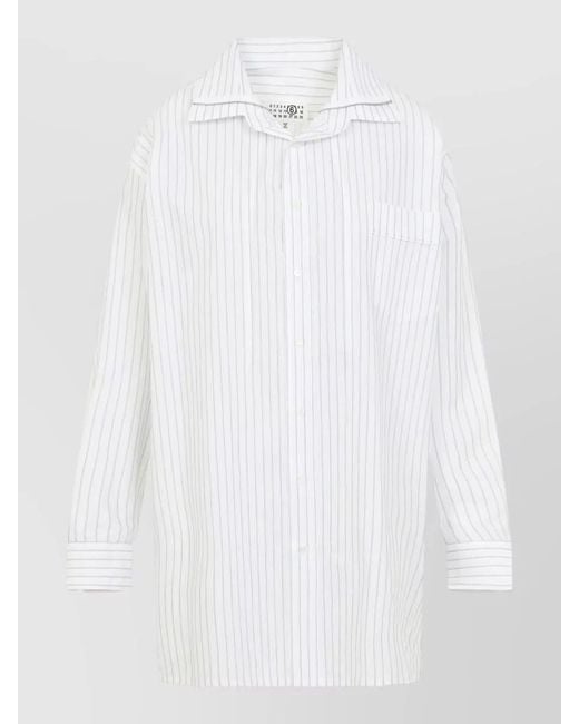 MM6 by Maison Margiela White Straight Collar Striped Shirt Long Sleeves Pocket