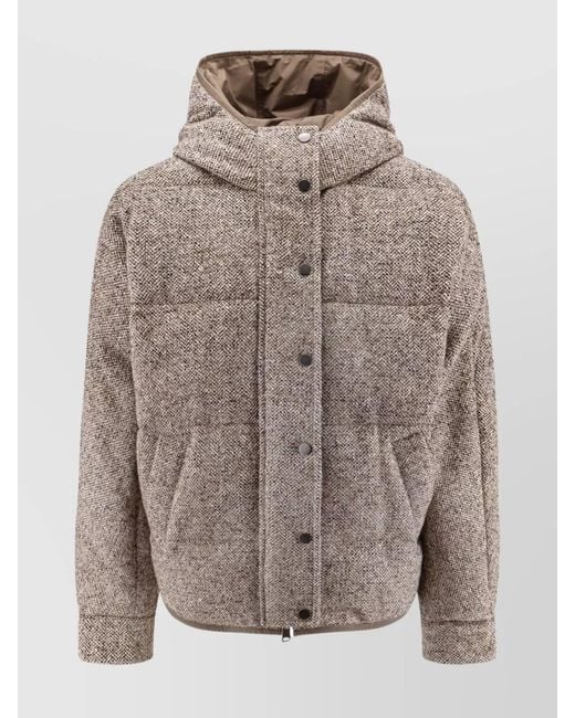 Brunello Cucinelli Gray Wool And Silk Chevron Quilted Reversible Hooded Puffer Jacket