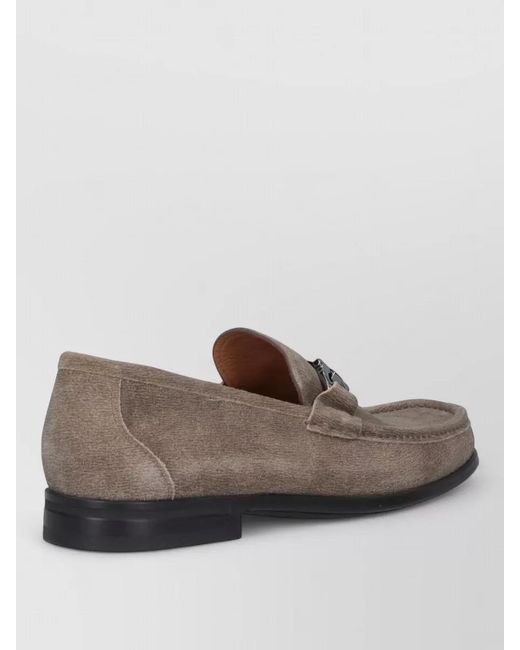 Ferragamo Gray Loafers Round Toe Suede Metallic Buckle for men