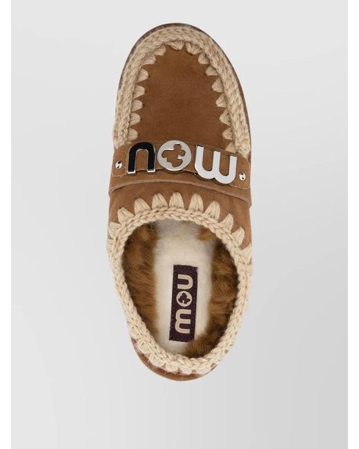 Mou Brown Slippers Embroidered Trim Flat Sole Round Toe