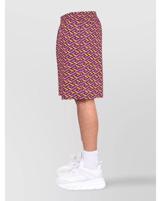 Versace Red Silk La Greca Print Bermuda Shorts for men