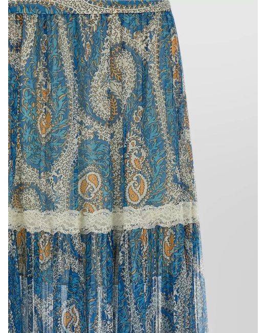 Etro Blue Silk Printed Lace Insert Maxi Skirt