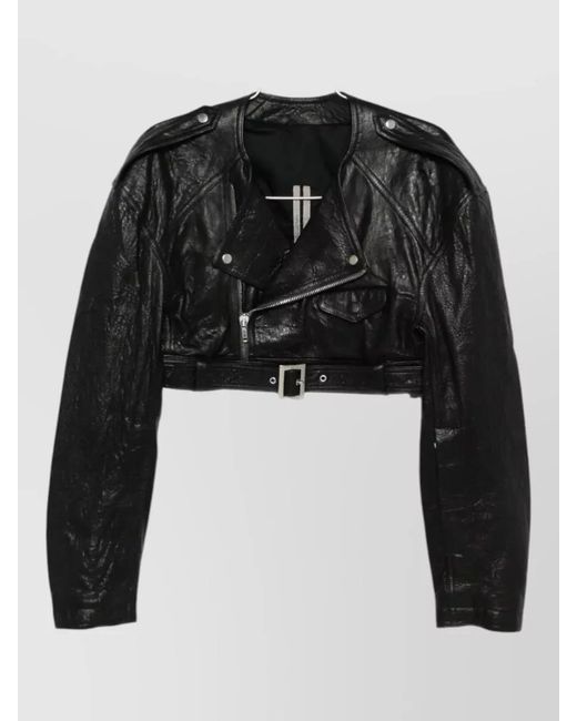 Rick Owens Black Cropped Leather Biker Jacket Belted Waist