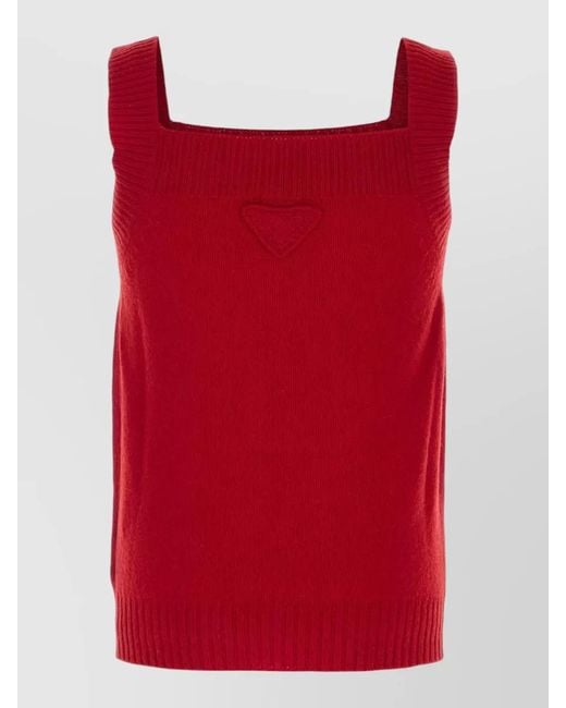 Prada Red Wool Vest Knit Texture Ribbed Hem for men