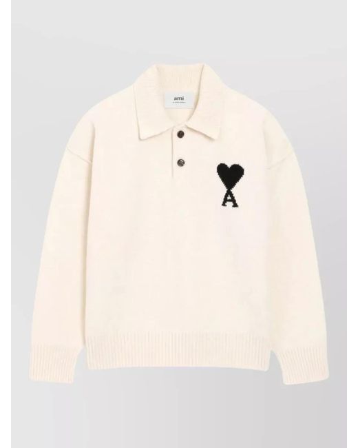 AMI Natural Polo Shirt Crewneck Embroidered Logo Buttons for men