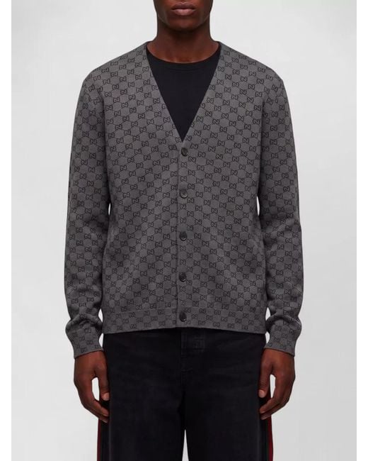 Gucci Gray Wool Silk Ribbed V-Neck Cardigan for men