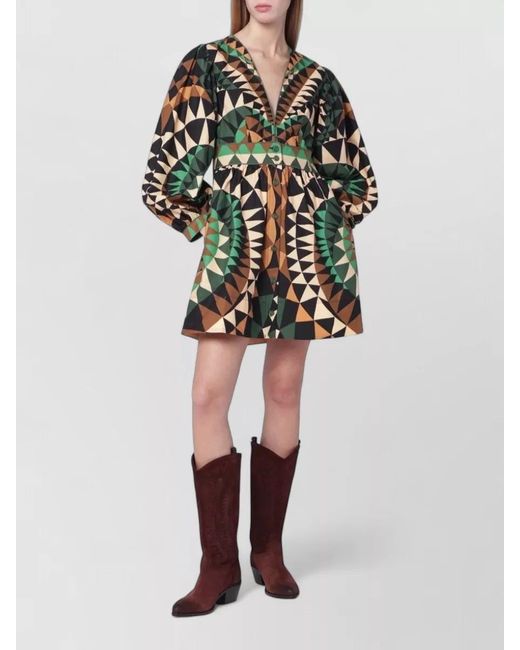 Farm Rio Multicolor Cinched Waist Geometric Pattern Long Sleeve Dress