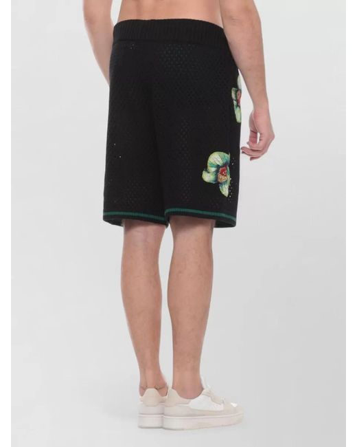Casablanca Black Cotton Bermuda Shorts Perforated Orchid Embroidery for men