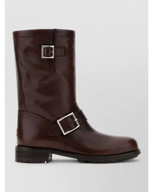Jimmy Choo Brown Leather Biker Boots Round Toe Buckle