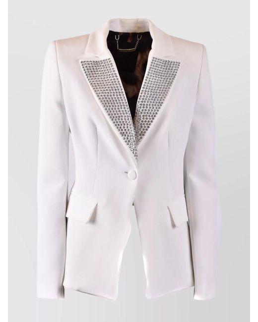 Philipp Plein White Lapel Embellished Jacket With Front Flap Pockets