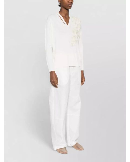 ERMANNO FIRENZE Natural Appliqué V-Neck Long-Sleeve Sweatshirt