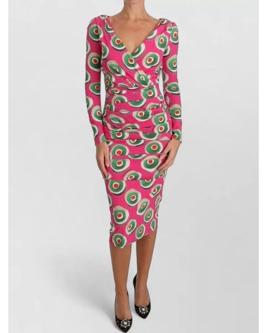 Dolce & Gabbana Red Silk Printed V-Neck Long-Sleeve Midi Dress