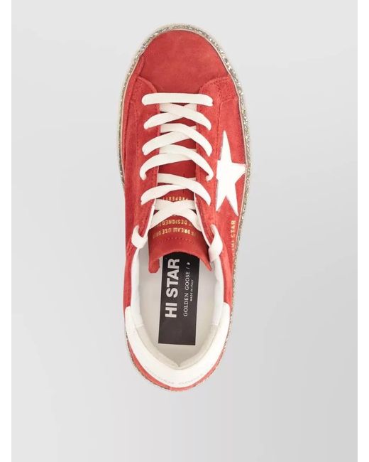 Golden Goose Deluxe Brand Red Hi Star Suede Sneakers Leather Heel Glitter