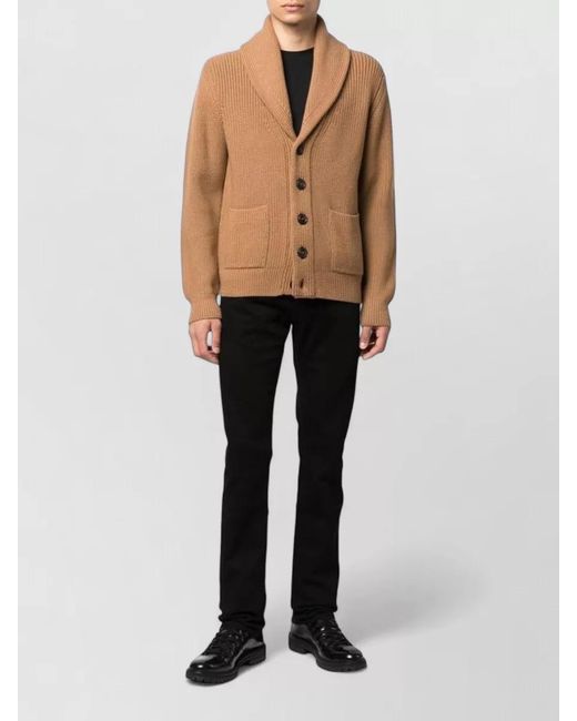 Drumohr Brown Shawl Collar Knit Jacket Long Sleeves Pockets for men