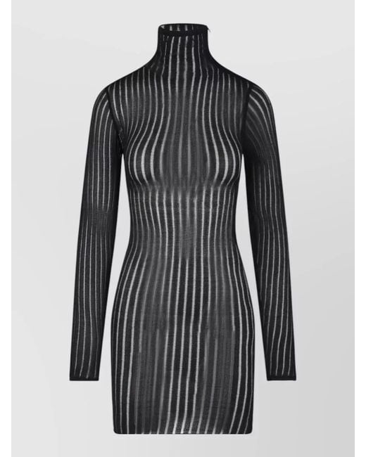 Dondup Black Knee Length Knit High Neck Sheer Stripes